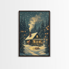 Load image into Gallery viewer, Cozy Cabin in Snowy Winter Forest, Warm Christmas Lights and Peaceful Holiday Scene, Perfect for Winter Wall Art, Framed Canvas Print