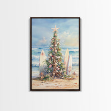 Cargar imagen en el visor de la galería, Coastal Christmas tree with surfboards at the beach Framed Canvas Print, tropical holiday wall art beach Christmas decor Christmas prints