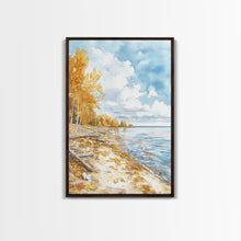 Load image into Gallery viewer, Autumn beach scene with golden trees and calm shoreline Framed Canvas Print, fall landscape art perfect autumn wall decor for rustic homes
