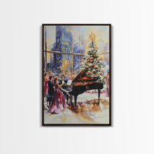 Load image into Gallery viewer, Elegant Christmas party with grand piano and city skyline view Framed Canvas Print, classy holiday wall art perfect seasonal decor idea