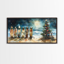 Carregar imagem no visualizador da galeria, Canvas Print Surfboards and Christmas Tree at Beach, Tropical Christmas Decor, Beach Christmas Art, Coastal Holiday Wall Art
