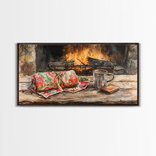 Carregar imagem no visualizador da galeria, Canvas Print Cozy Fireplace with Christmas Blanket and Mug, Rustic Christmas Decor, Holiday Home Art, Warm Christmas Wall Art