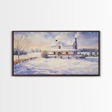 Cargar imagen en el visor de la galería, Farmhouse Christmas decor Framed Canvas Print snowy white farmhouse with wreath winter wonderland holiday decor best gift Christmas wall art