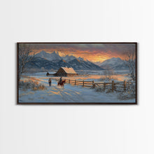 Load image into Gallery viewer, Dawn on the Frontier - Christmas scene art, winter wonderland, rustic Christmas art, Christmas farmhouse decor, snowy mountain art
