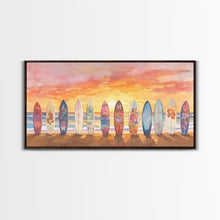 Load image into Gallery viewer, Vibrant Sunset Beach Art Surfboard Canvas Print Tropical Beach Wall Art Framed Canvas Print Fall Beach Scene Autumn Surfboard Decor