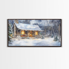 Load image into Gallery viewer, Snowy cabin Christmas decor, winter wonderland wall art, rustic farmhouse Christmas print, cozy country home decor, framed canvas print