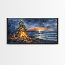 Load image into Gallery viewer, Beach Christmas decor with bonfire, sunset coastal holiday wall art, Christmas tree print, festive coastal art gift, framed canvas print