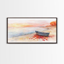 Carregar imagem no visualizador da galeria, Autumn beach landscape art, fall sunset wall art, coastal boat decor, beach fall home decor, seasonal wall art gift, framed canvas print