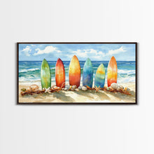 Load image into Gallery viewer, Colorful surfboards Christmas wall art, beach holiday decor, coastal Christmas art, framed canvas print, tropical Christmas art gift