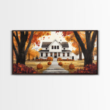 Carregar imagem no visualizador da galeria, Fall farmhouse pumpkin decor, autumn country home art, rustic fall wall print seasonal wall decor, framed canvas print, autumn farmhouse art