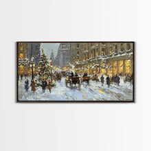 Carregar imagem no visualizador da galeria, Bustling Christmas Street Scene Tall Art Framed Canvas Print Vintage Winter Holiday Scene With Horse-Drawn Carriages And Festive Lights