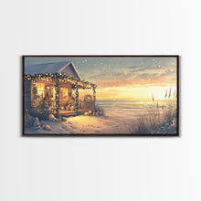 Cargar imagen en el visor de la galería, Christmas beach house decor, coastal holiday home art, seaside Christmas wall art, festive beach house print, framed canvas print