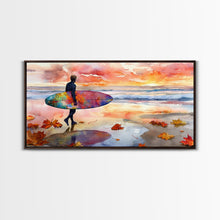Carregar imagem no visualizador da galeria, Autumn Surfing Sunset Canvas Print | Fall Surf Art Gift | Seasonal Wall Art Decor | Gift Idea | Beach Decor Fall Theme | Framed Canvas Print