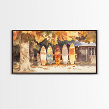 Carregar imagem no visualizador da galeria, Autumn surfboards art, canvas print featuring surfboards with fall leaves, cozy fall home decor, rustic wall art, autumn vacation gift idea
