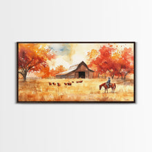 Load image into Gallery viewer, Cowboy on horse in autumn farm scene, framed canvas print, rustic fall decor, farmhouse home decor, cozy autumn landscape art, fall wall art