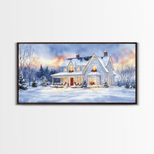 Load image into Gallery viewer, Cozy Winter House with Snowy Landscape, Christmas Decor, Framed Canvas Print, Farmhouse Christmas Decor, Seasonal Wall Art, Gift Idea