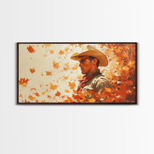 Load image into Gallery viewer, Cowboy and Fall Leaves, Framed Canvas Print Seasonal Wall Art Christmas Cowboy Gift Winter Landscape Wall Decor