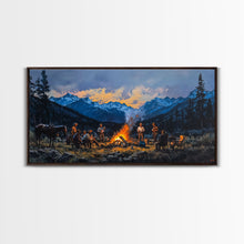 Carregar imagem no visualizador da galeria, Framed Canvas Print Western Cowboys Campfire Evening Art Landscape Rustic Winter Mountain Home Decor Extra Large Wall Art Gift