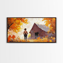 Load image into Gallery viewer, Cowboy and His Barn, Framed Canvas Print, Landscape Art Christmas Cowboy Holiday Art Wall Decor Seasonal