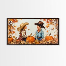 Load image into Gallery viewer, Cute Cowboy and Cowgirl In a Pumpkin Patch, Framed Canvas Print, 1950s Style Wall Art, Nursery Decor