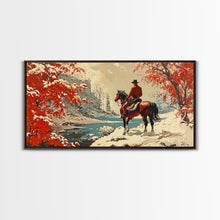 Load image into Gallery viewer, Cowboy resting by campfire under aspen trees with mountains in background, Framed Canvas Print, rustic wall art, warm western decor piece