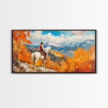 Load image into Gallery viewer, Cowboy on autumn swing, Framed Canvas Print, rustic Western art with vibrant fall, tall framed canvas print autumn decor farmhouse wall art