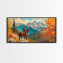 Carregar imagem no visualizador da galeria, Female cowboy in fall forest, Framed Canvas Print, tall striking artwork rustic or modern farmhouse seasonal wall art