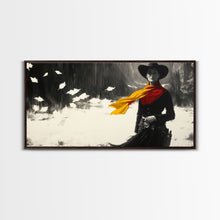Load image into Gallery viewer, Bold Framed Canvas Print of a Cowgirl Riding Through Snow, Western Horse Art, Dynamic Winter Wall Decor and Christmas Holiday Gift Idea