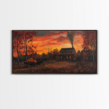 Carregar imagem no visualizador da galeria, Autumn Sunset With Pumpkins And Horse Wagon, Cozy Fall Landscape Wall Art, Rustic Country Framed Canvas Print, Warm Autumn Home Decor