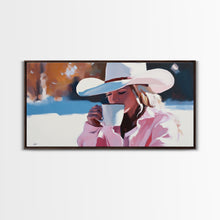 Load image into Gallery viewer, Cowgirl Enjoying A Cup of Coffee, Framed Canvas Print, Winter Wall Art, Pink Decor, Gift For Her, Seasonal Winter Home Decor