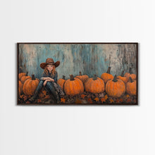 Load image into Gallery viewer, Cute Cowgirl In A Pumpkin Patch, Framed Canvas Print, Fall / Thanksgiving Decor, minimalist seasonal art for autumn or Christmas decor