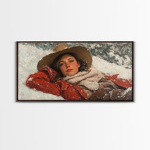 Load image into Gallery viewer, Cowgirl Laying In The Snow Framed Canvas Print, Cute Rustic Decor, Cowgirl Portrait Painting, Winter Wall Art