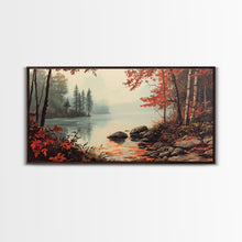Cargar imagen en el visor de la galería, Fall On The River, Rustic Landscape Painting, Primitive Wall Art, Framed Canvas Print, retro festive holiday wall art Christmas decor