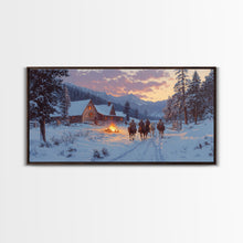 Load image into Gallery viewer, Cowboys and Log Cabin Winter Christmas Framed Canvas Print, Rustic Mountain Holiday Scene Art, Best Christmas Gift Idea, Winter Decor