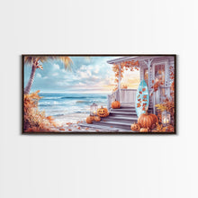 Carregar imagem no visualizador da galeria, Fall Beachfront Porch With Pumpkins Autumn Decor Framed Canvas Print, Coastal Autumn Home Decor Wall Art Beach Vibes