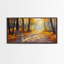 Load image into Gallery viewer, Autumn Path Bench Framed Canvas Print, Serene Fall Landscape Wall Art, Cozy Farmhouse Decor, Seasonal Wall Art Gift Idea