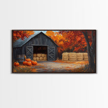 Cargar imagen en el visor de la galería, Fall Barnyard with Pumpkins Framed Canvas Print Farmhouse Decor, Fall Art Print, Rustic Home Decor, Seasonal Gift Wall Art