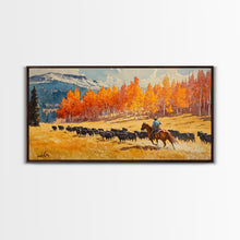 Load image into Gallery viewer, Cowboy Herding Cattle Under Mountains Framed Canvas Print Tall Art Autumn Country Landscape Fall Decor Western Wall Art Farmhouse Gift Idea
