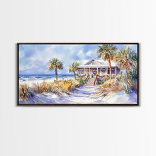 Load image into Gallery viewer, Snowy tropical Christmas decor scene, Framed Canvas Print beach house wreath and holiday lights, winter coastal home decor Christmas art