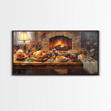 Load image into Gallery viewer, Cozy Thanksgiving Feast by Fireplace Framed Canvas Print Seasonal Wall Art, Rustic Fall Decor, Harvest Celebration Art Print for Home