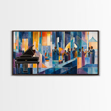 Load image into Gallery viewer, Abstract jazz party scene with grand piano, colorful stained glass aesthetic, framed canvas print ideal vibrant music wall art decor