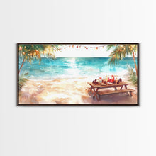 Load image into Gallery viewer, Beach Christmas decor picnic setup with palm trees and lights, framed canvas print showcasing tropical coastal holiday art decor