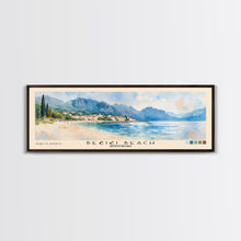 Load image into Gallery viewer, Bečići Beach, Montenegro Watercolor Print, Vacation Gift, Montenegro Wall Art, Beach Painting, Beach Decor, Large Wall Art, Wood Frame Art
