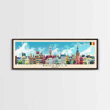 Carregar imagem no visualizador da galeria, Brussels Belgium Panoramic Travel Poster, Framed Canvas Print or Metal Wall Art, Travel Art, Home Decor, Panoramic Painting, Midcentury Art