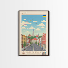 Load image into Gallery viewer, Sumy Ukraine Travel Poster Framed Canvas Print, Midcentury Modern Art, Pop Art Wall Decor, Living Room Art, Scenic Wall Art