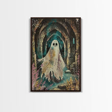 Carregar imagem no visualizador da galeria, Ghostly Figure in Ancient Ruins Framed Canvas Print, Haunted Ruins Decor, Halloween Ghost Art, Eerie Ghostly Wall Art, Spooky Ghost Print