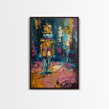 Load image into Gallery viewer, Colorful Skeleton Nutcracker Framed Canvas Print, Halloween Nutcracker Decor, Spooky Toy Art, Skeleton Wall Art, Haunted Nutcracker Print