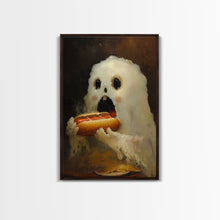 Load image into Gallery viewer, Ghostly Hot Dog Thief, Cute Lil Ghost Eatin' a Dog, The Hot Dog Ghost, Haunted Hot Dog Thief, Framed Canvas Print, Halloween Art