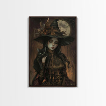 Carregar imagem no visualizador da galeria, The Witch and The Black Cat Framed Canvas Art, Spooky Victorian Witch Art, Spooky Season, Halloween Props, Halloween Accessories Art