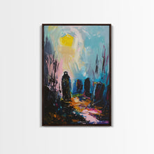 Load image into Gallery viewer, Creepy Haunted Cemetary Framed Canvas Print Halloween Art, Impasto Style Spooky Season Decor